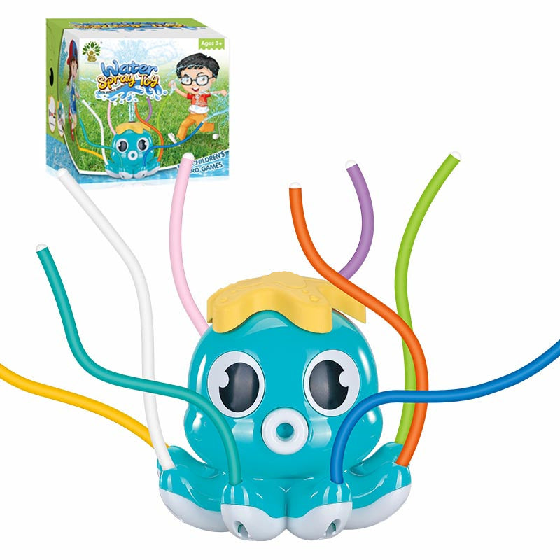 Octopus Water Sprinkler for kids - cyan octopus with colorful hose tentacles connects to garden hose, with retail packaging