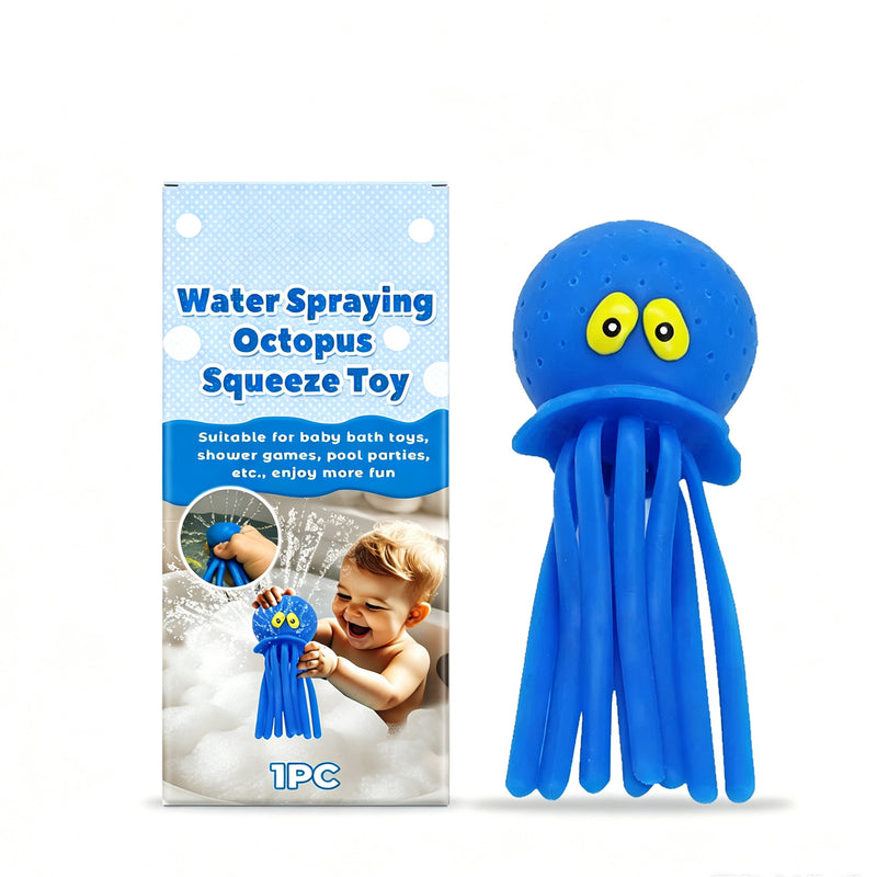 Octopus Bath Squirt Toy - blue water spraying octopus squeeze toy with retail packaging box