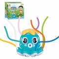 Octopus Water Sprinkler for kids - cyan octopus with colorful hose tentacles connects to garden hose, with retail packaging