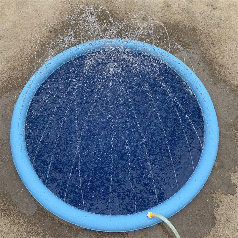 Baby Splash Pad 67 inch sprinkler play mat - child playing with hose-connected splash pad in backyard, supplier photo