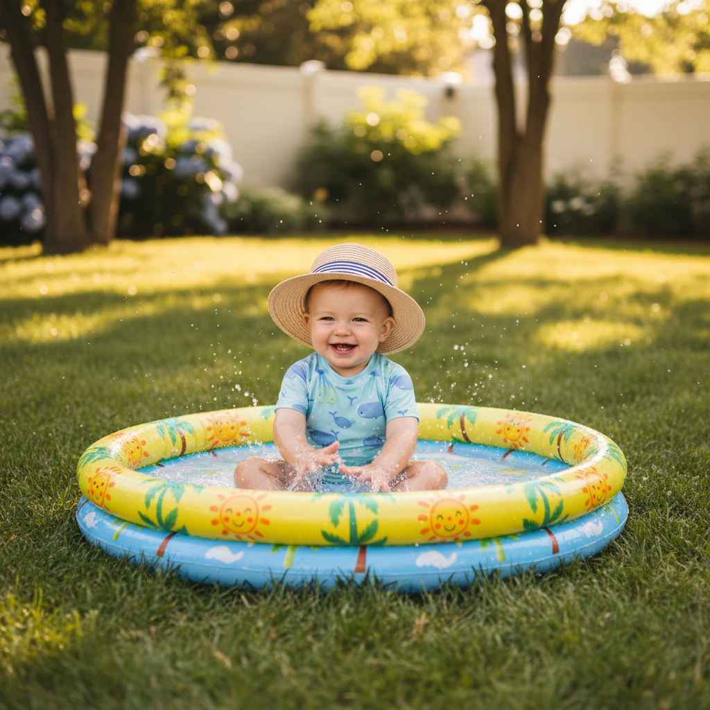 Happy toddler playing with water toys on a sunny day